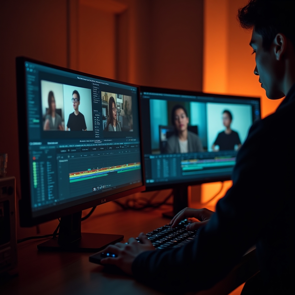 Zwei Bildschirme mit Farbkorrektur-Software im Schnittraum