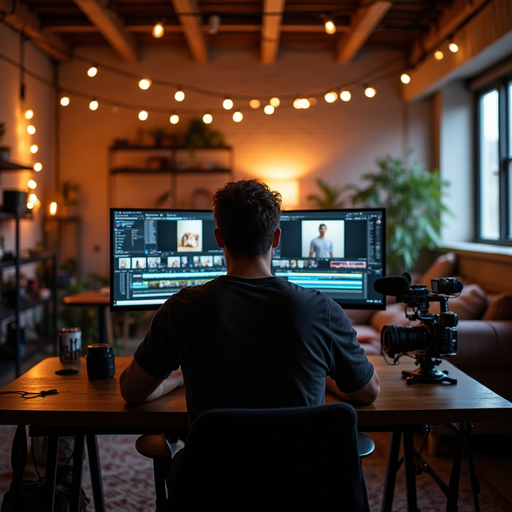 Arbeitsplatz eines Videoeditors mit Kamera und Schnittsoftware