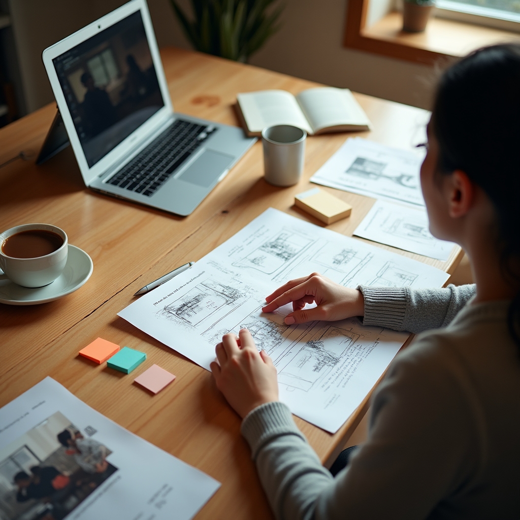 Planung eines Videoprojekts mit Notizen und Storyboard auf einem Schreibtisch