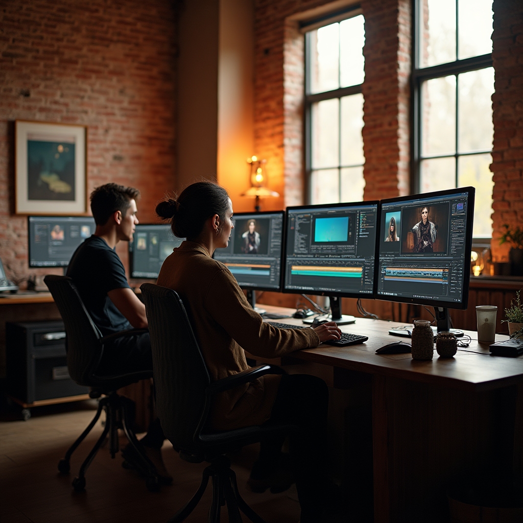 Übersicht eines Videoschnitt-Arbeitsplatzes mit mehreren Bildschirmen
