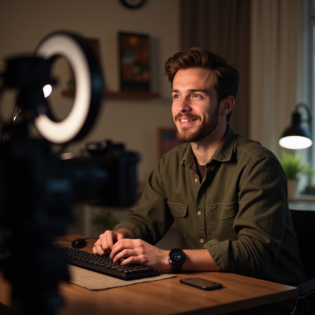 YouTuber nimmt Rohmaterial für ein Video mit Kamera und Mikrofon auf